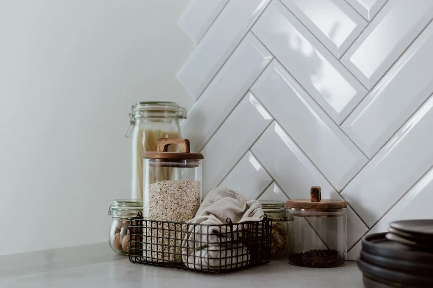 Coffee Beans and Food in Glass Jars on Kitchen Counter
