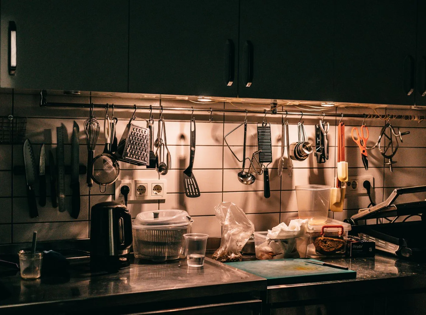 Kitchen Counter with Utensils on hooks